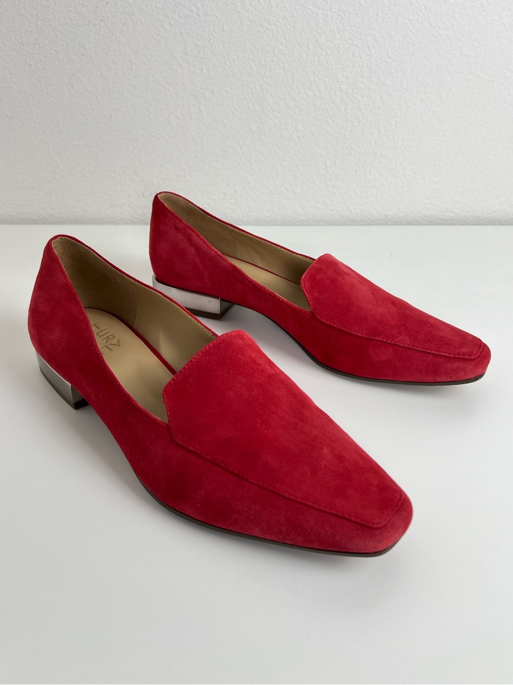 Naturalizer CLEA Red Suede Loafers 8.5M Square Toe Low Block Heel Slip On Shoes